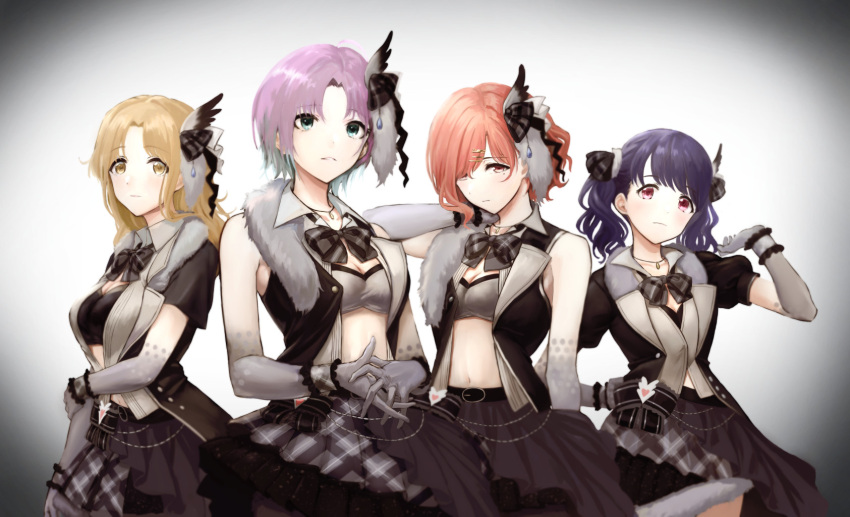 4girls, ahoge, artist_request, asakura_tooru, bare_shoulders, black_hair, black_jacket, black_skirt, black_vest, blue_eyes, blue_hair, bow, bowtie, brown_eyes, brown_hair, commentary_request, costume, elbow_gloves, fangs, frilled_cuffs, fukumaru_koito, gloves, gradient, gradient_background, gradient_hair, grey_background, grey_gloves, hair_bow, hair_ornament, hair_ribbon, hairclip, highres, higuchi_madoka, ichikawa_hinana, idolmaster, idolmaster_shiny_colors, jacket, jewelry, layered_skirt, long_hair, looking_at_viewer, medium_hair, midriff, mole, mole_under_eye, multicolored_hair, multiple_girls, necklace, noctchill_(idolmaster), plaid, plaid_bow, plaid_neckwear, plaid_skirt, plaid_wrist_cuffs, pleated_skirt, puffy_short_sleeves, puffy_sleeves, ribbon, short_hair, short_sleeves, skin_fangs, skirt, sleeveless, twintails, vest, violet_eyes, wrist_cuffs