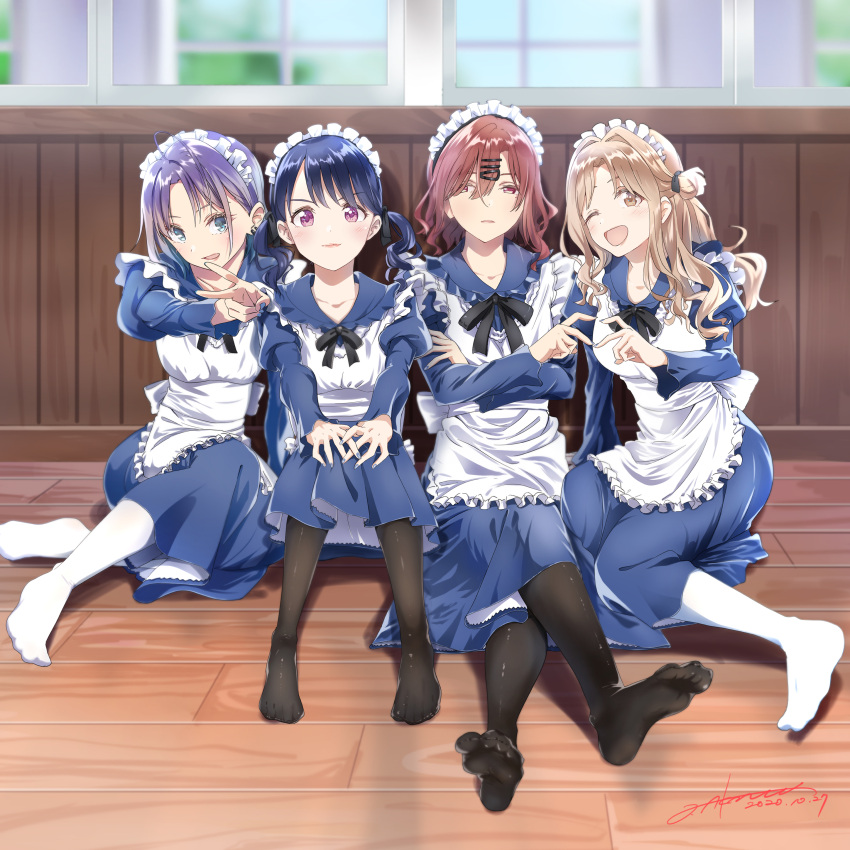 4girls, absurdres, ahoge, akane_(getwild23), alternate_costume, apron, asakura_tooru, black_hair, black_legwear, black_neckwear, black_ribbon, blue_dress, blue_eyes, blue_hair, blue_nails, brown_eyes, brown_hair, commentary_request, dress, earrings, enmaided, frilled_apron, frills, fukumaru_koito, gradient_hair, hair_bun, hair_ornament, hair_ribbon, hairclip, highres, higuchi_madoka, ichikawa_hinana, idolmaster, idolmaster_shiny_colors, indoors, jewelry, juliet_sleeves, long_dress, long_hair, long_sleeves, looking_at_viewer, maid, maid_apron, maid_headdress, mole, mole_under_eye, multicolored_hair, multiple_girls, neck_ribbon, noctchill_(idolmaster), pantyhose, puffy_sleeves, ribbon, short_hair, side_bun, sitting_on_floor, twintails, v, violet_eyes, white_apron, white_legwear, wooden_floor
