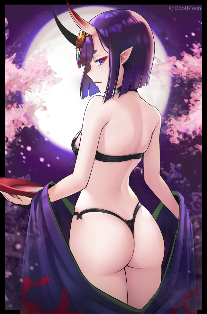 1girl, ass, back, bangs, bare_shoulders, bob_cut, breasts, cherry_blossoms, dootmoon, eyeliner, fate/grand_order, fate_(series), full_moon, headpiece, highres, horns, japanese_clothes, kimono, long_sleeves, looking_at_viewer, looking_back, makeup, moon, night, night_sky, off_shoulder, oni, oni_horns, parted_lips, pointy_ears, purple_hair, purple_kimono, revealing_clothes, short_hair, shuten_douji_(fate/grand_order), skin-covered_horns, sky, small_breasts, tree, violet_eyes, wide_sleeves