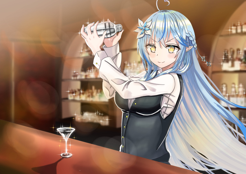 1girl, absurdres, ahoge, alternate_costume, arms_up, bangs, bar, bartender