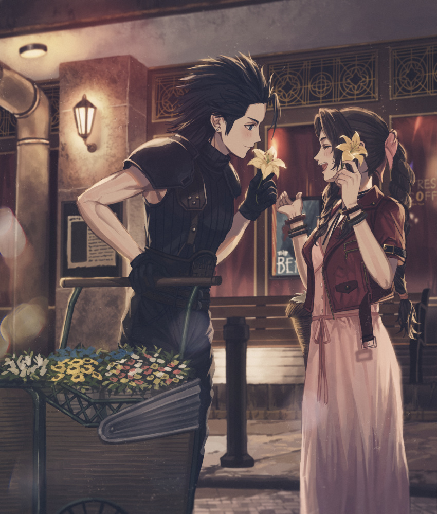 1boy, 1girl, 234_(1234!), aerith_gainsborough, black_hair, blue_eyes, bow, bracelet, braid, brown_hair, closed_eyes, commentary, couple, dress, final_fantasy, final_fantasy_vii, flower, gloves, hair_ribbon, hetero, highres, jewelry, long_hair, looking_at_another, pink_bow, pink_dress, ponytail, ribbon, smile, spiky_hair, zack_fair