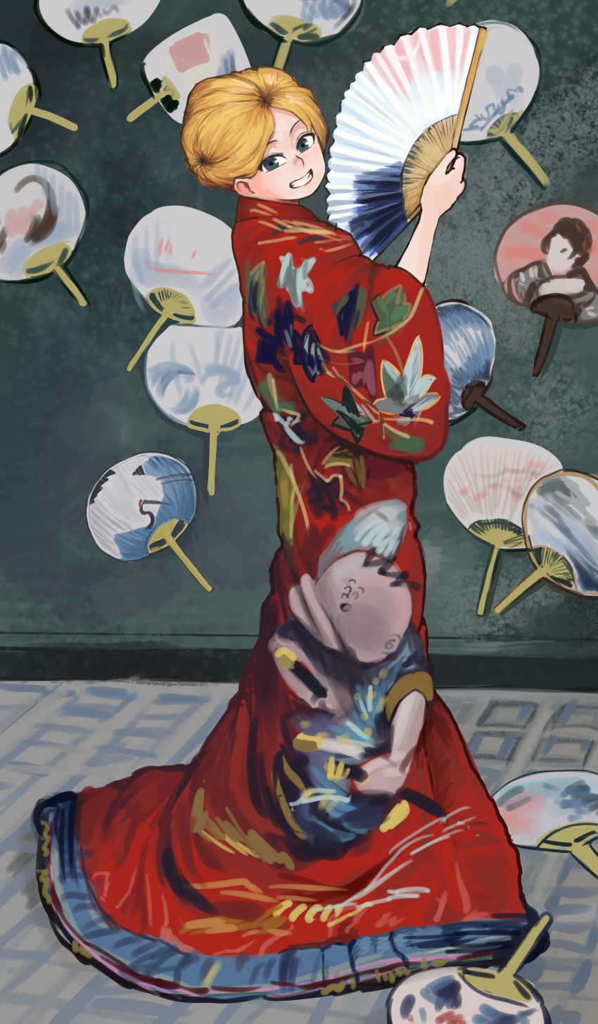1girl, absurdres, blonde_hair, chanta_(ayatakaoisii), character_print, fan, fine_art_parody, folding_fan, from_side, full_body, grey_eyes, hair_bun, hand_up, highres, holding, holding_fan, japanese_clothes, kimono, la_japonaise, long_sleeves, looking_at_viewer, looking_to_the_side, paper_fan, parody, print_kimono, red_kimono, smile, solo