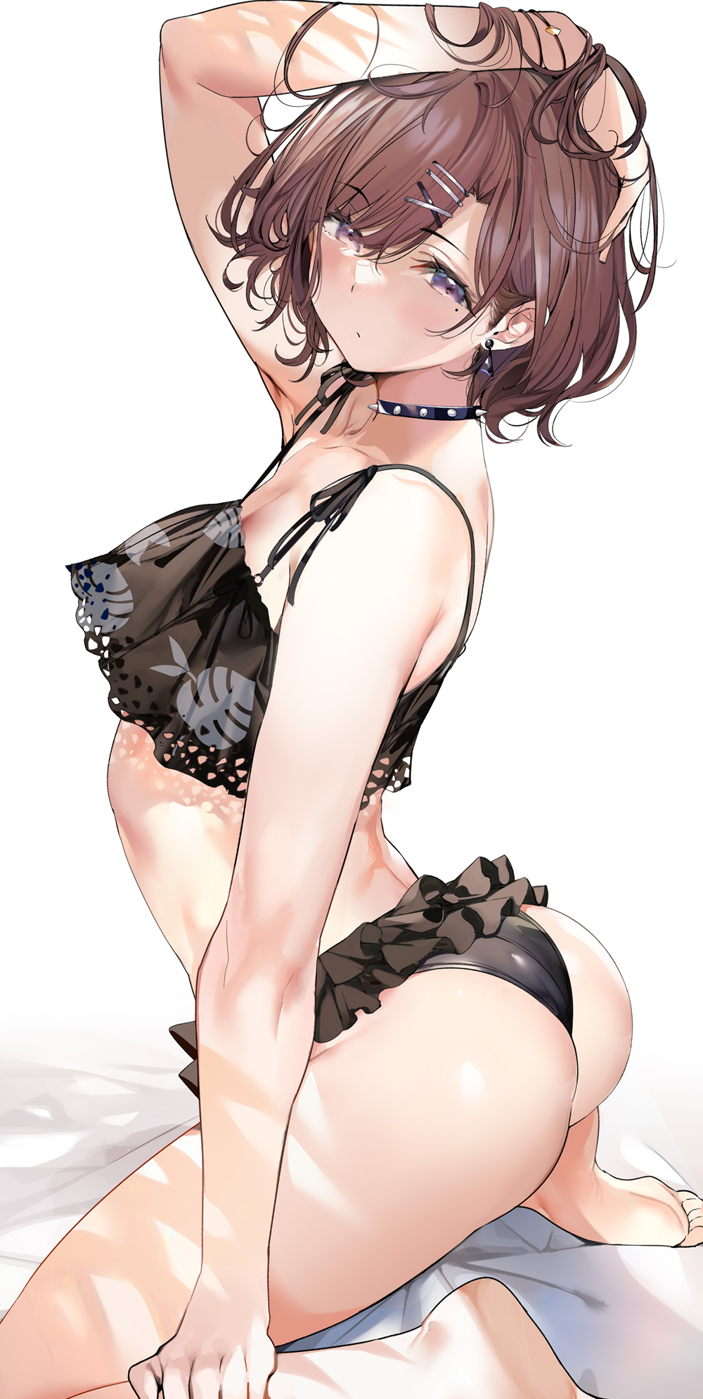 1girl, arched_back, ass, bikini, black_bikini, blush, brown_hair, choker