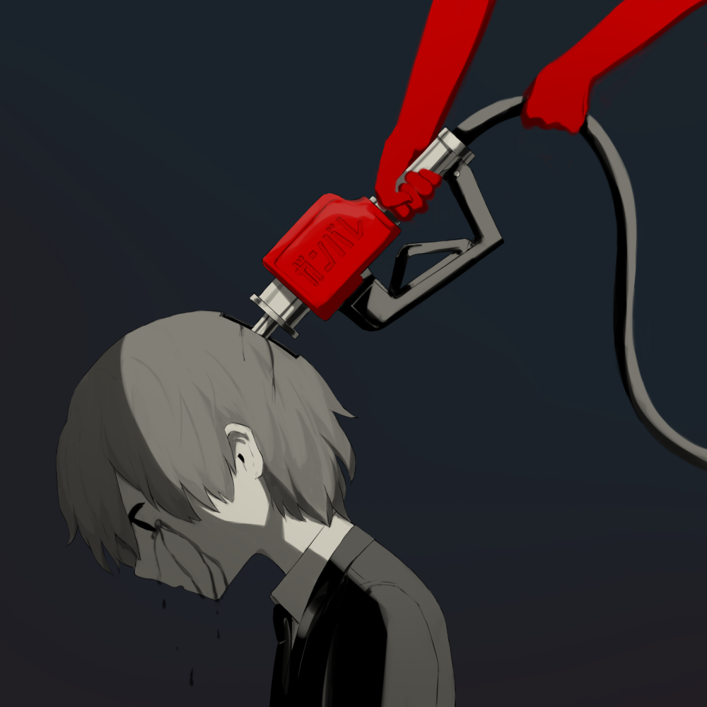 1boy, 1girl, avogado6, bangs, black_eyes, black_jacket, black_neckwear, black_tears