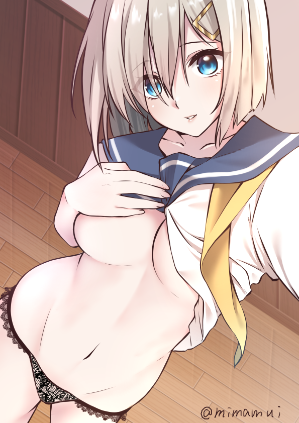 1girl, black_panties, blue_eyes, blue_sailor_collar, breasts, clothes_lift, eyes_visible_through_hair, hair_ornament
