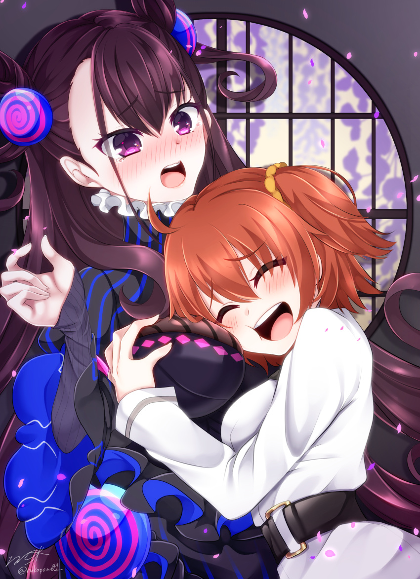 2girls, absurdres, ahoge, bangs, belt, black_dress, blush, breast_grab