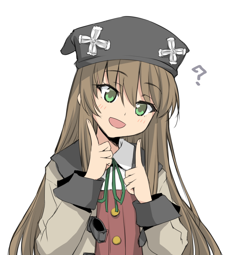 1girl, ?, blush_stickers, brown_hair, collared_shirt, commentary, el_mofus_(rance_10), green_eyes, hat, highres, long_hair, looking_at_viewer, neck_ribbon, open_mouth, pointing, pointing_at_self, rance_(series), rance_10, ribbon, shirt, simple_background, smile, solo, tori_(minamopa), upper_body, white_background