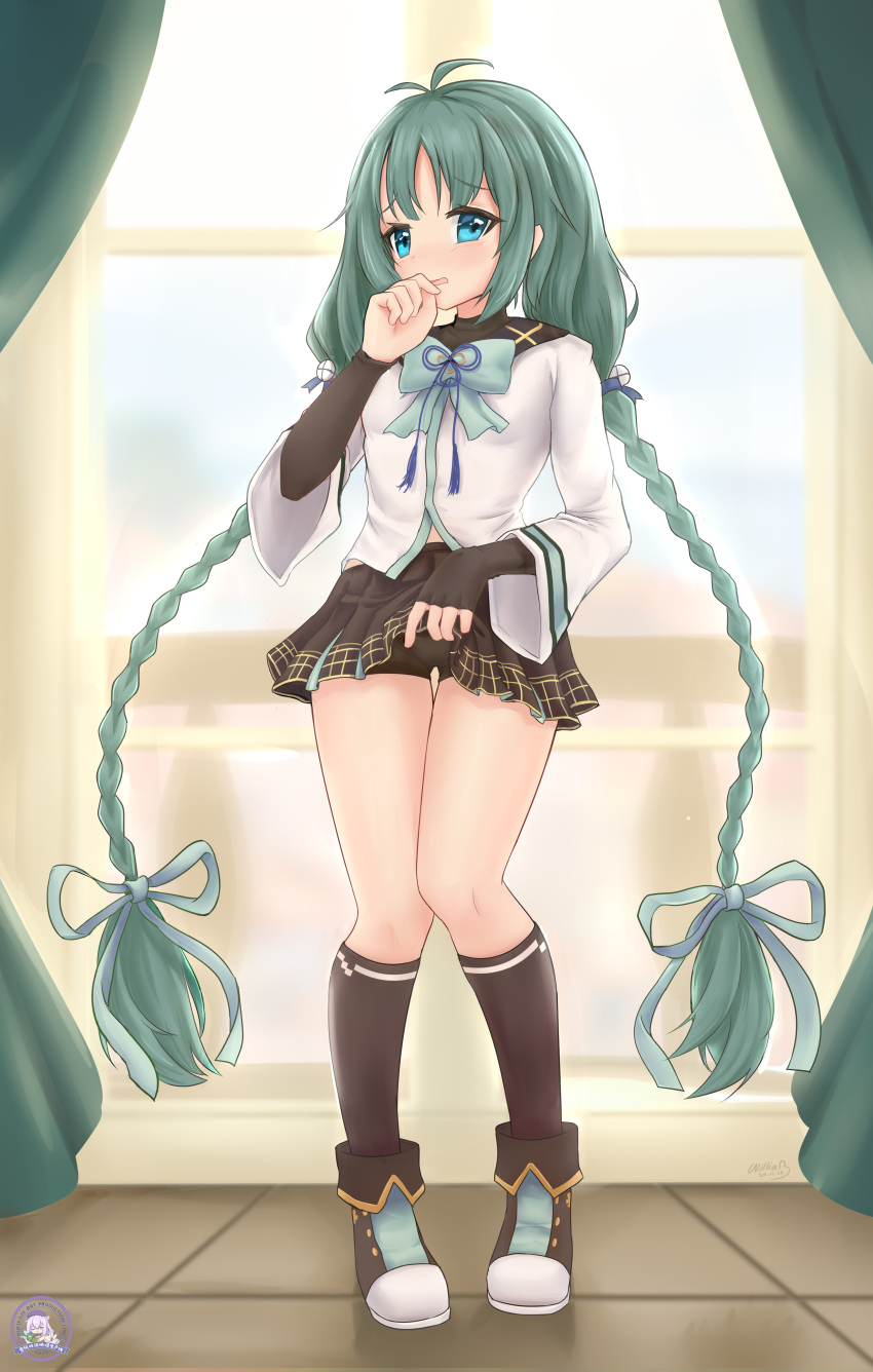 1girl, absurdres, bike_shorts, black_gloves, black_shorts, blue_eyes, braid, brown_footwear, brown_legwear, brown_skirt, fingerless_gloves, full_body, gloves, green_hair, highres, long_braid, long_hair, long_sleeves, miniskirt, nowaki_(warship_girls_r), pleated_skirt, shirt, shorts, shorts_under_skirt, skirt, socks, solo, standing, twin_braids, very_long_hair, warship_girls_r, white_shirt, william.b