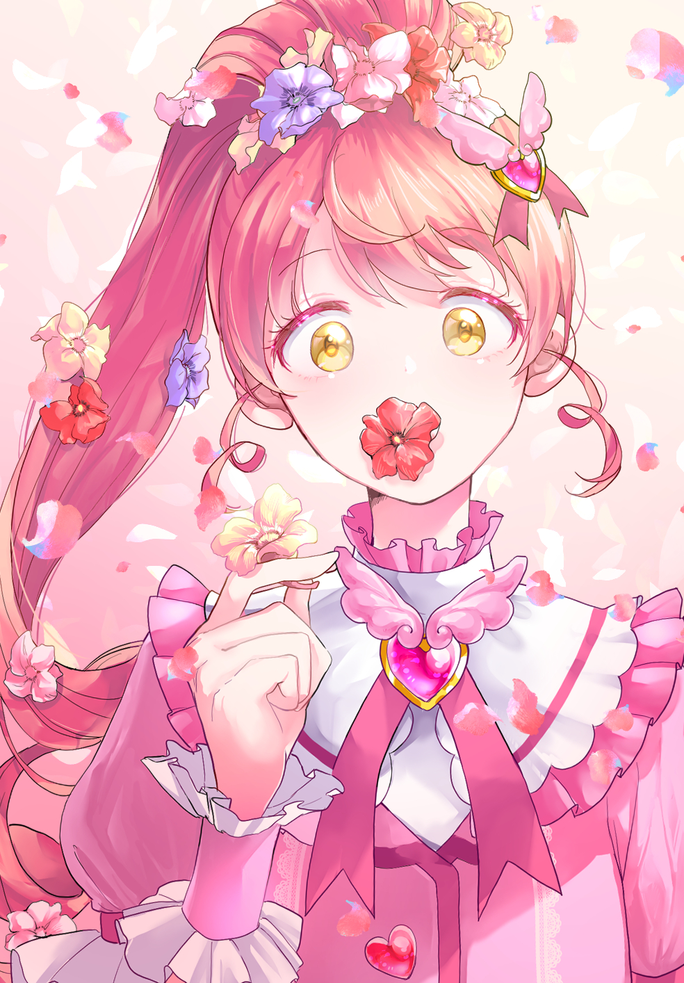 1girl, commentary, flower, flower_in_mouth, flower_request, gem, hair_flower, hair_ornament