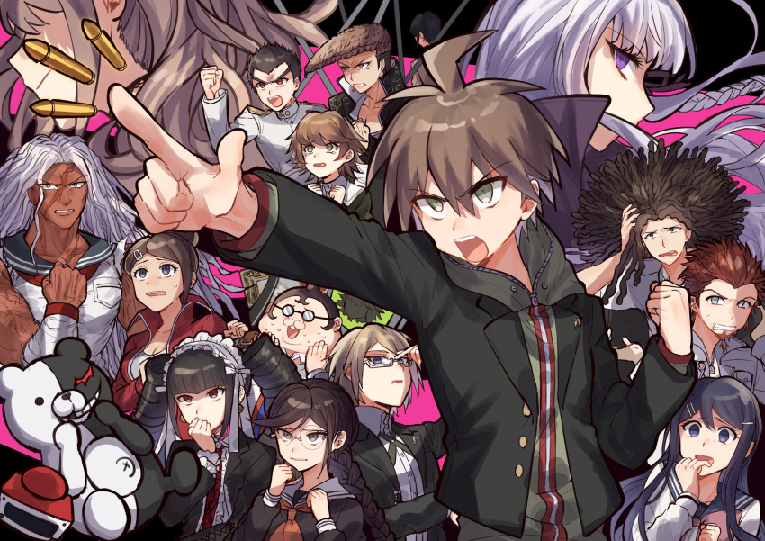 6+boys, 6+girls, \r\n, ahoge, arm_up, asahina_aoi, bangs, black_hair