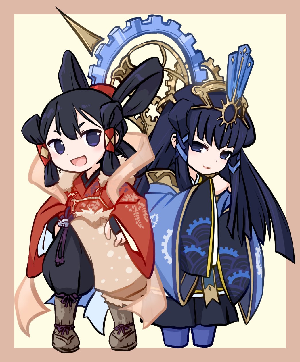 2girls, blue_hair, gears, highres, hime_cut, japanese_clothes, kokorowa-hime, long_hair