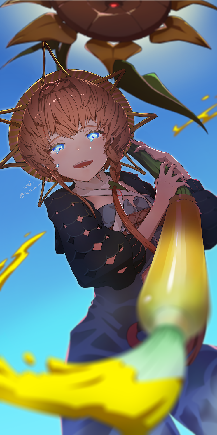 1girl, bangs, blue_eyes, blurry_foreground, braid, brown_hair, commentary_request, crying