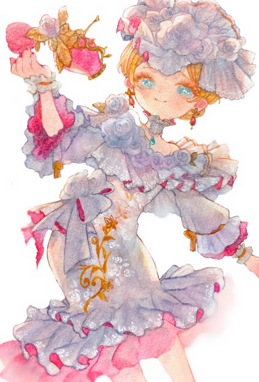 1girl, alternate_costume, blonde_hair, blush, bottle, dress, flower, hat