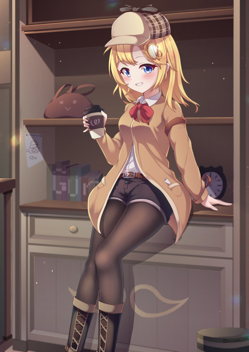 1girl, :d, absurdres, bag, bangs, belt, black_shorts, blonde_hair, blue_eyes, blush, book, boots, bow, breasts, brown_cardigan, brown_footwear, brown_legwear, cardigan, cargo_(pixiv27244088), clock, collared_shirt, commentary, cross-laced_footwear, cup, deerstalker, feet_out_of_frame, hair_ornament, hat, highres, holding, holding_cup, hololive, hololive_english, long_sleeves, looking_at_viewer, medium_breasts, medium_hair, monocle_hair_ornament, open_mouth, pantyhose, paper, red_belt, red_neckwear, shirt, shirt_tucked_in, short_shorts, shorts, smile, solo, virtual_youtuber, watson_amelia