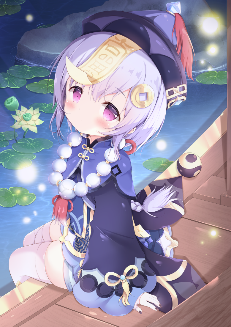1girl, bandaged_leg, bandages, black_nails, blue_dress, blush, braid, closed_mouth
