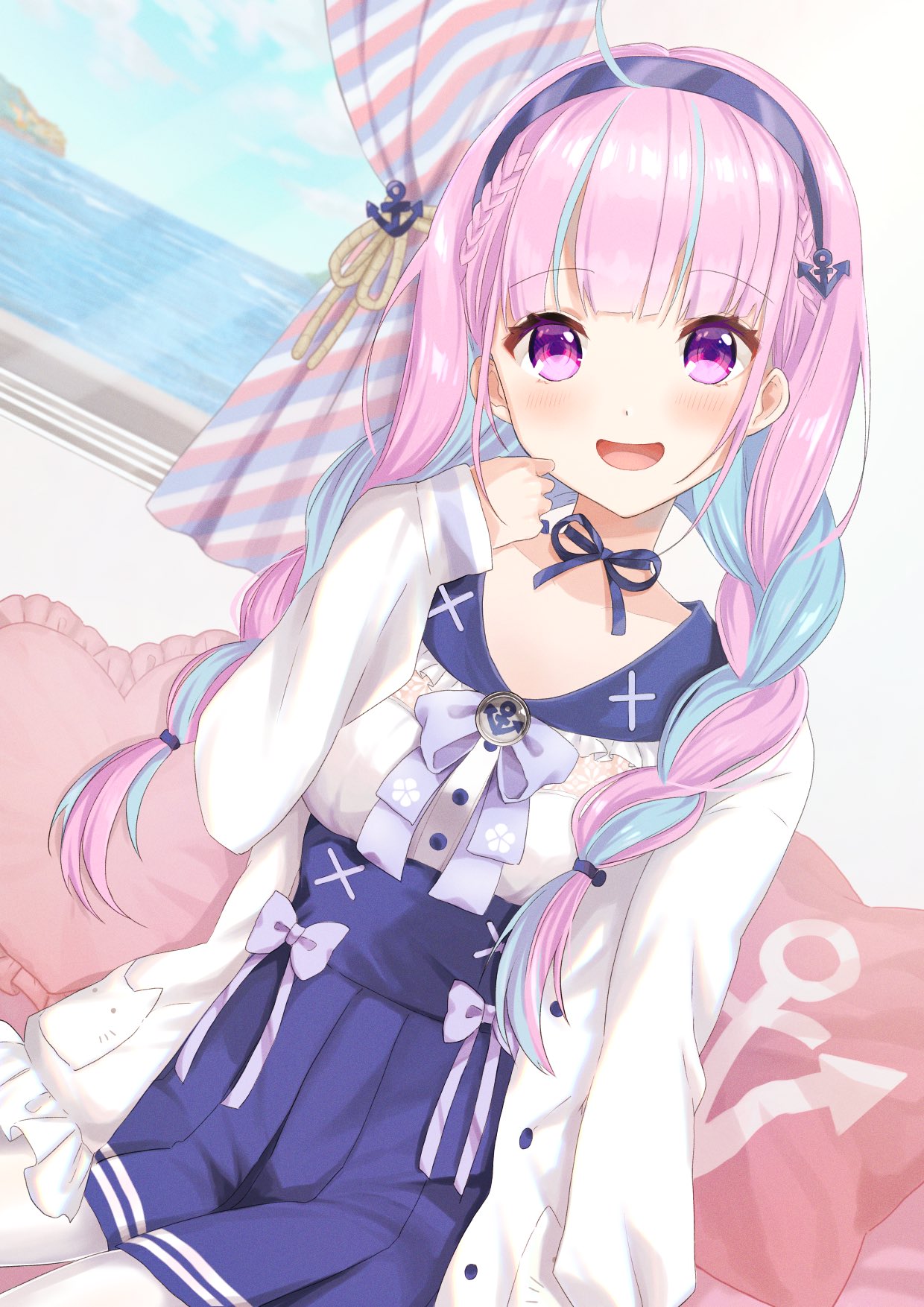 1girl, anchor_hair_ornament, bangs, blue_hair, blush, braid, breasts, choker