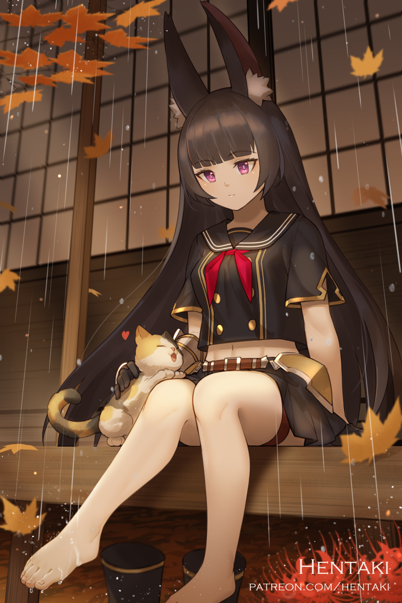 1girl, animal, animal_ear_fluff, animal_ears, artist_name, autumn_leaves, bangs, barefoot, black_footwear, black_hair, black_sailor_collar, black_serafuku, black_shirt, black_skirt, boots_removed, breasts, cat, commentary, crop_top, dragalia_lost, english_commentary, eyebrows_visible_through_hair, flower, gauntlets, heart, hentaki, highres, leaf, linnea_(dragalia_lost), long_hair, maple_leaf, midriff, navel, neckerchief, pleated_skirt, rabbit_ears, rain, red_flower, red_neckwear, sailor_collar, school_uniform, serafuku, shirt, single_gauntlet, sitting, skirt, small_breasts, solo, spider_lily, very_long_hair, violet_eyes, watermark, web_address