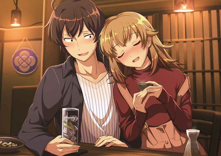 1boy, 1girl, :d, ahoge, alcohol, bangs, black_shirt, blush