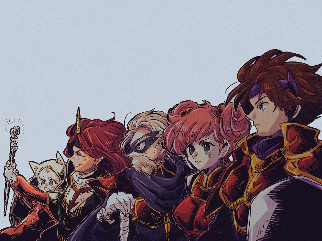 2boys, 3girls, animal_ears, armor, beads, blonde_hair, blue_mage, brown_eyes