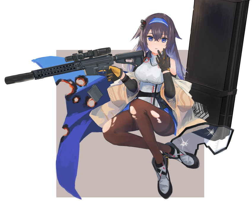 1girl, absurdres, black_hair, blue_eyes, commission, girls_frontline, gun, hair_flaps