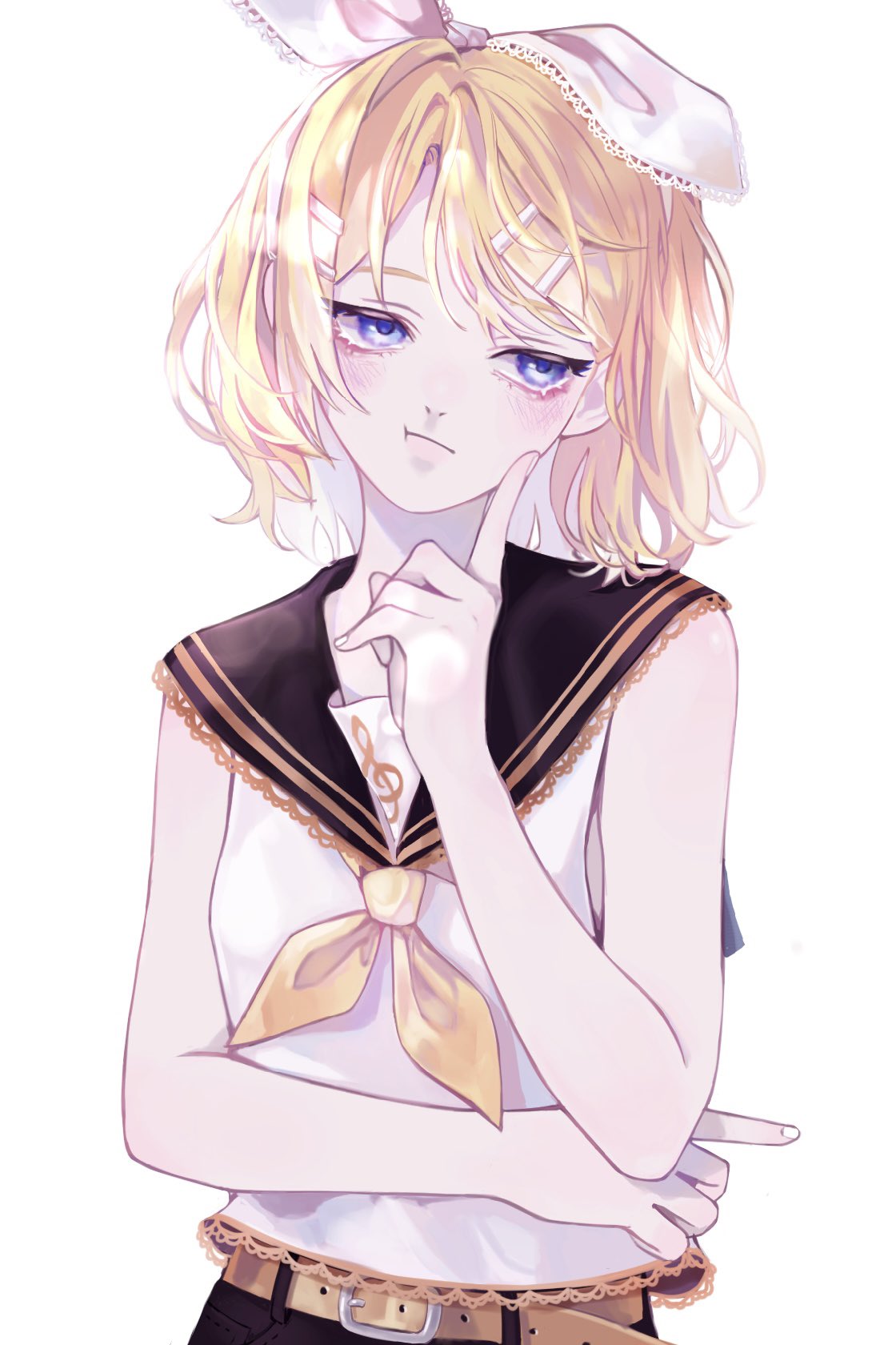 1girl, bangs, bare_shoulders, bbony_0_0, belt, black_collar, blonde_hair, blue_eyes