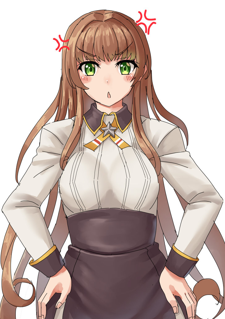 1girl, anger_vein, bangs, black_skirt, blunt_bangs, brown_hair, commentary_request, cowboy_shot, green_eyes, hands_on_hips, headgear, helena_(kantai_collection), high-waist_skirt, kantai_collection, long_hair, mayura2002, military, military_uniform, neck_ribbon, remodel_(kantai_collection), ribbon, shirt, simple_background, skirt, solo, uniform, white_background, white_shirt