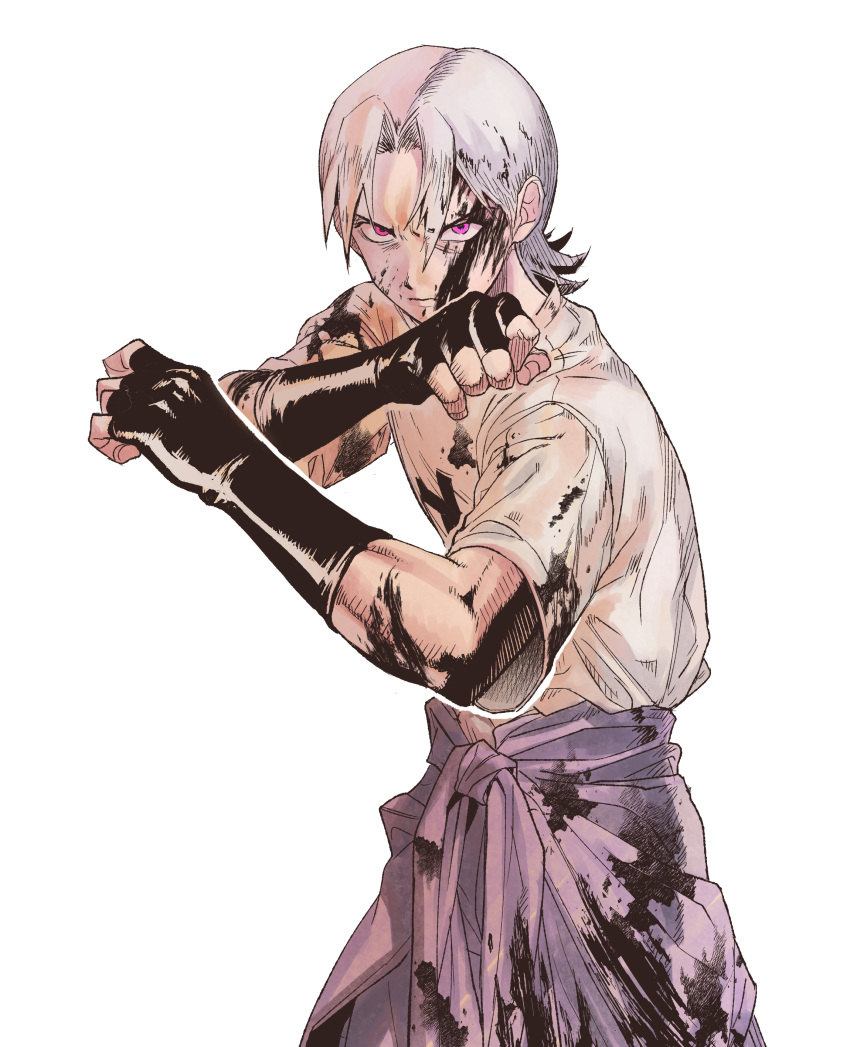 1boy, absurdres, black_blood, black_gloves, blood, blood_on_face, bloody_clothes, closed_mouth