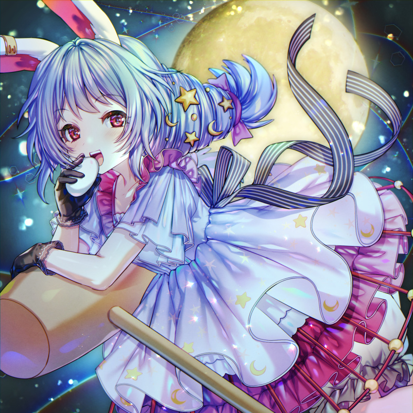 1girl, :d, animal_ears, arm_rest, bangs, black_gloves, bloomers, blue_dress