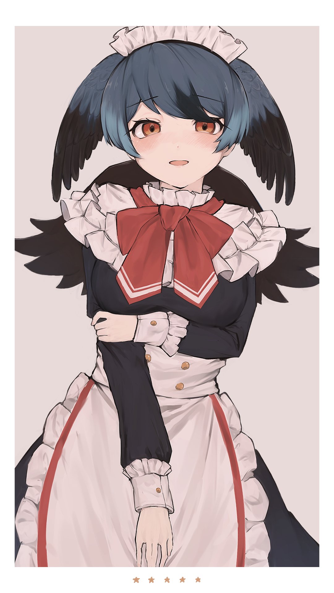 1girl, alenka, alternate_costume, apron, black_dress, black_hair, blue_hair, blush