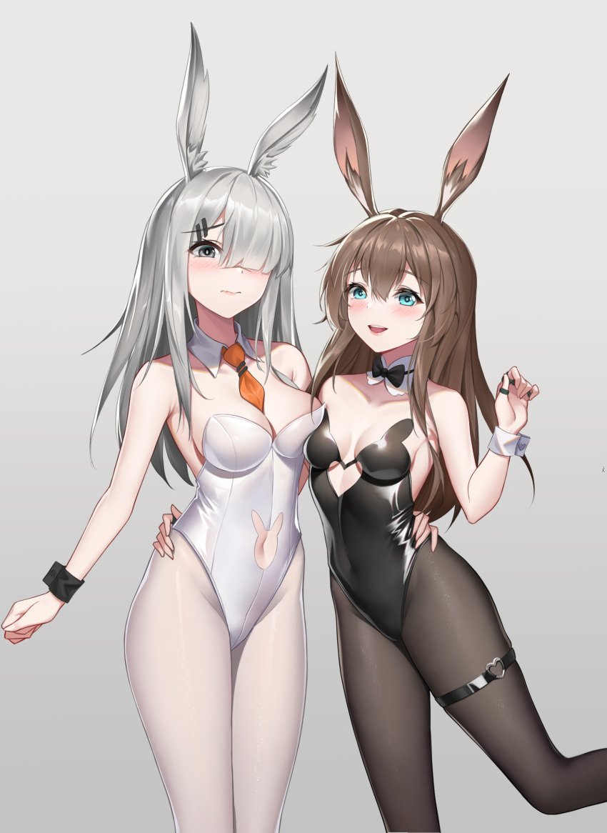 2girls, amiya_(arknights), animal_ears, arknights, black_legwear, black_leotard, black_neckwear, bow
