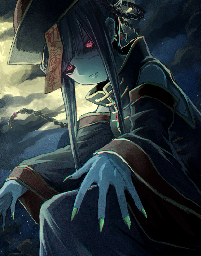 1girl, bare_shoulders, black_cloud, black_hair, black_headwear, black_sclera, blue_skin, braid, clip_studio_paint_(medium), clouds, cloudy_sky, deadman's_cross, detached_sleeves, earrings, eyebrows_visible_through_hair, eyes_visible_through_hair, fingernails, full_moon, hat, highres, jewelry, jiangshi, long_fingernails, long_hair, long_sleeves, looking_at_viewer, mephist, moon, night, night_sky, original, parted_lips, red_eyes, scar, scar_on_face, sharp_fingernails, sky, sleeves_past_wrists, solo, star_(sky), starry_sky, stitches, talisman, wide_sleeves, yellow_moon, yellow_nails