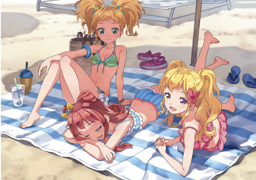 3girls, aikatsu!_(series), beach, bikini, blanket, blonde_hair, blue_bikini, bow