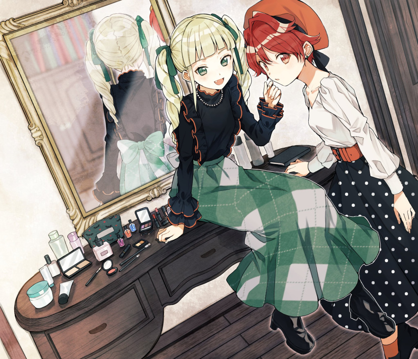 2girls, aikatsu!_(series), bag, bangs, belt, black_footwear, black_skirt, blonde_hair