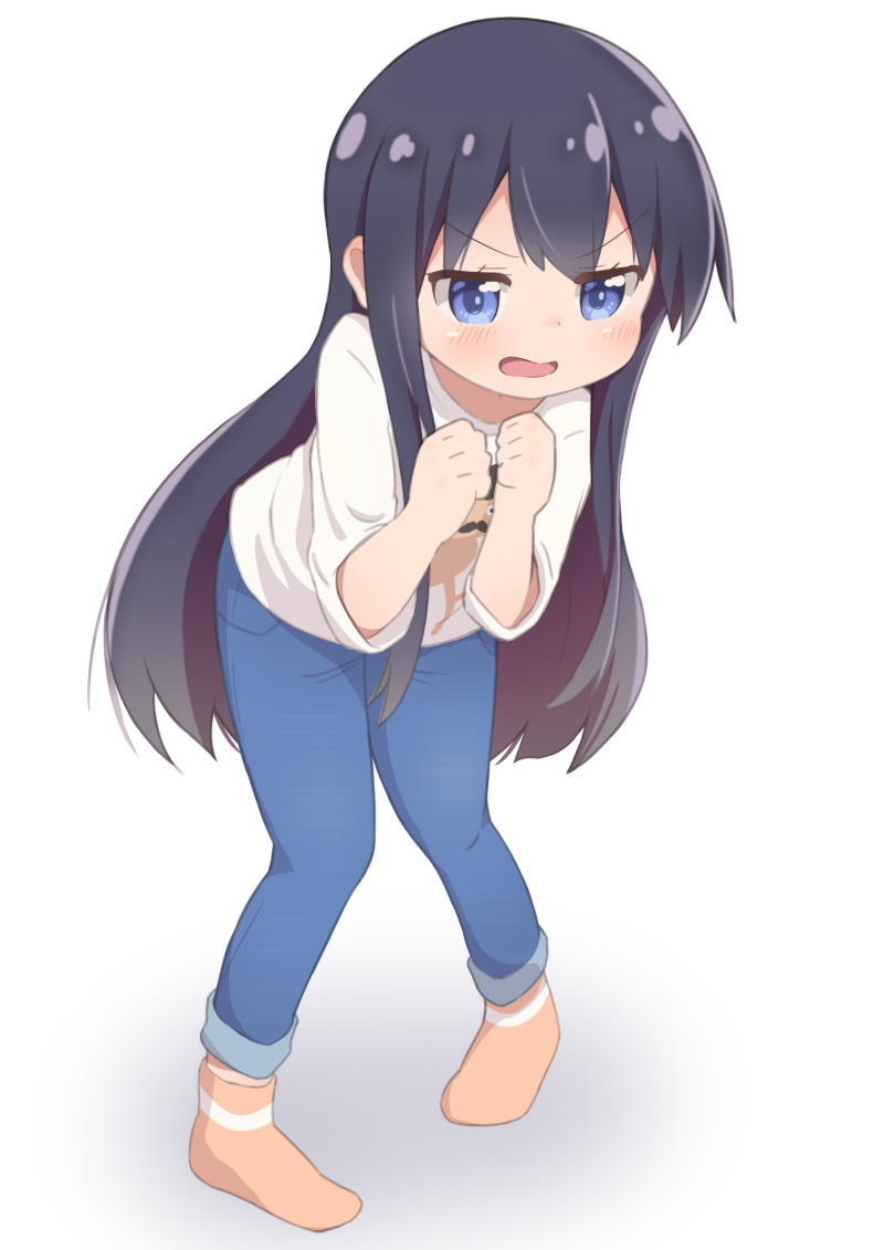 1girl, angry, bangs, blue_eyes, blue_pants, blush, character_print, clenched_hands