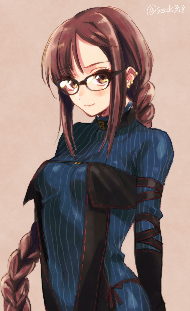 1girl, arm_strap, black_dress, black_gloves, blue_dress, blush, braid, braided_ponytail