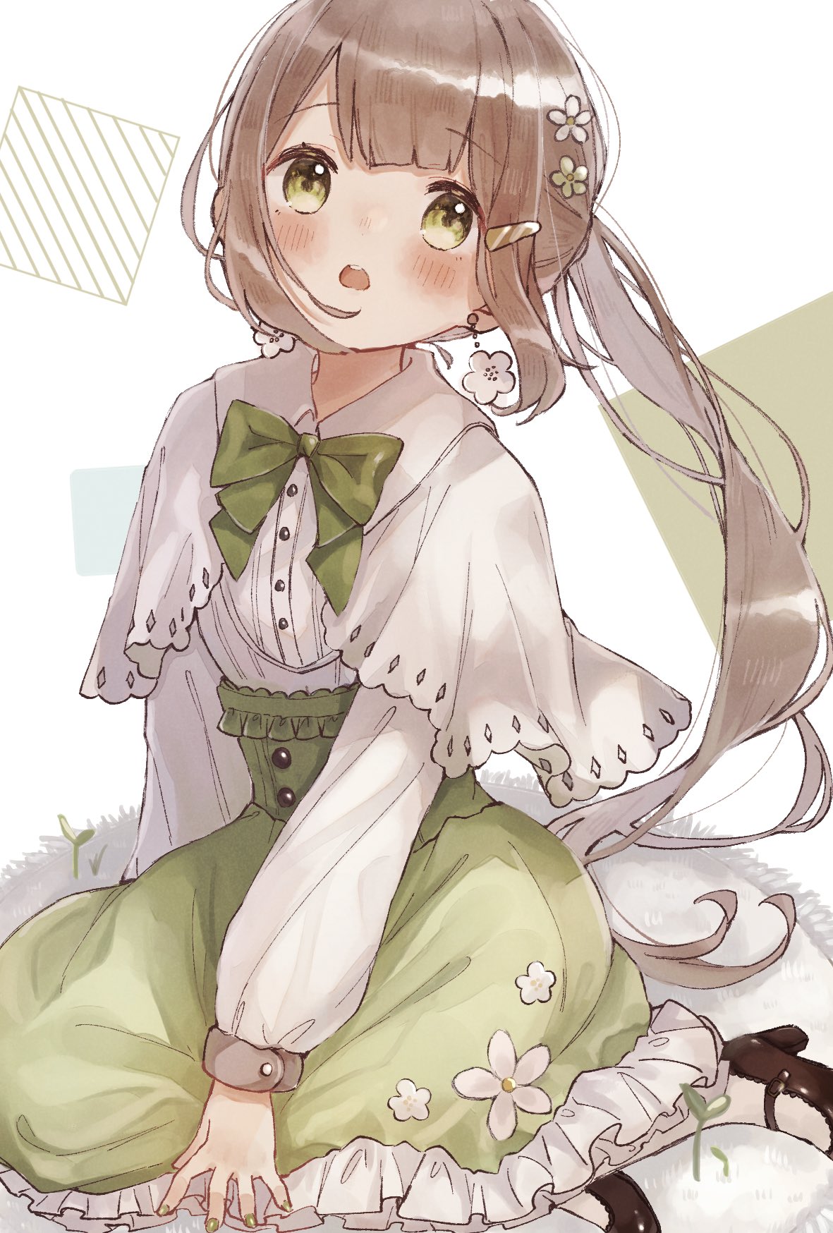 blush, bobby_pin, bow, brown_hair, earrings, eyebrows_visible_through_hair, flower, flower_earrings