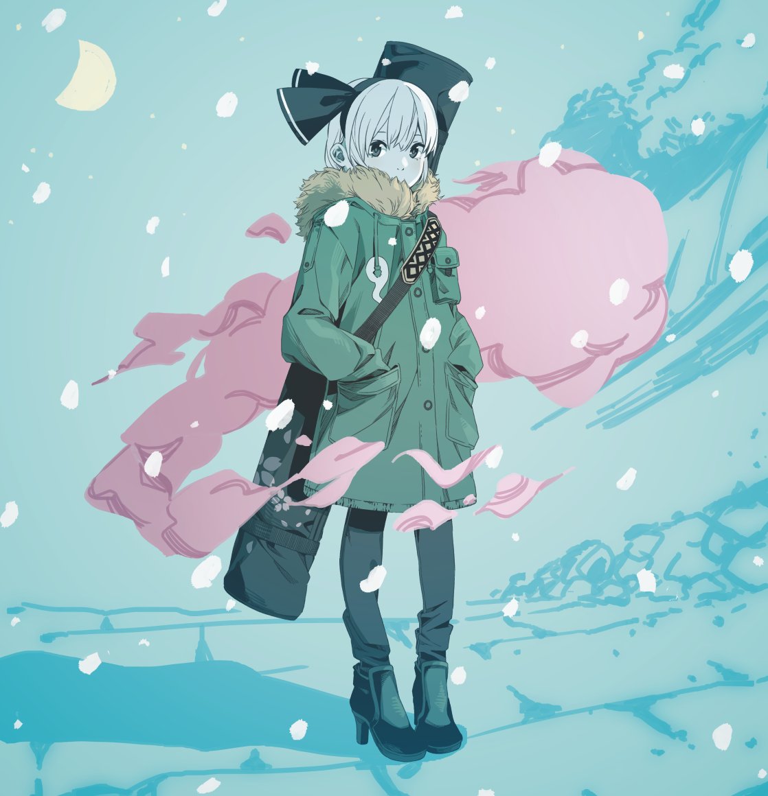 1girl, alternate_costume, bangs, black_footwear, black_hairband, black_pants, black_ribbon, bob_cut
