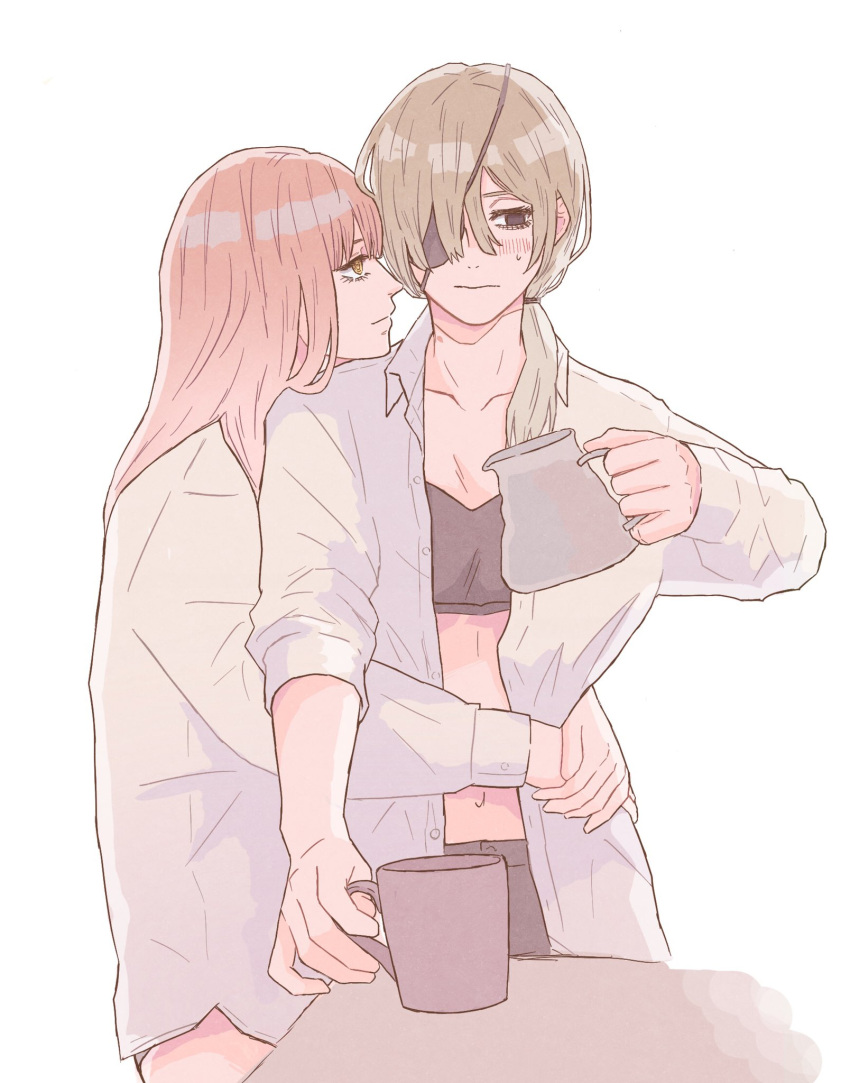 1997, 2girls, after_sex, black_eyepatch, black_eyes, black_pants, blush, brown_hair