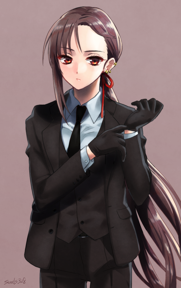 1girl, bangs, black_gloves, black_jacket, black_vest, breasts, brown_hair, collared_shirt, consort_yu_(fate), dress_shirt, earrings, fate/grand_order, fate_(series), formal, gloves, jacket, jewelry, long_hair, long_sleeves, looking_at_viewer, medium_breasts, multiple_earrings, necktie, open_clothes, open_jacket, ponytail, red_eyes, seeds328, shirt, suit, very_long_hair, vest