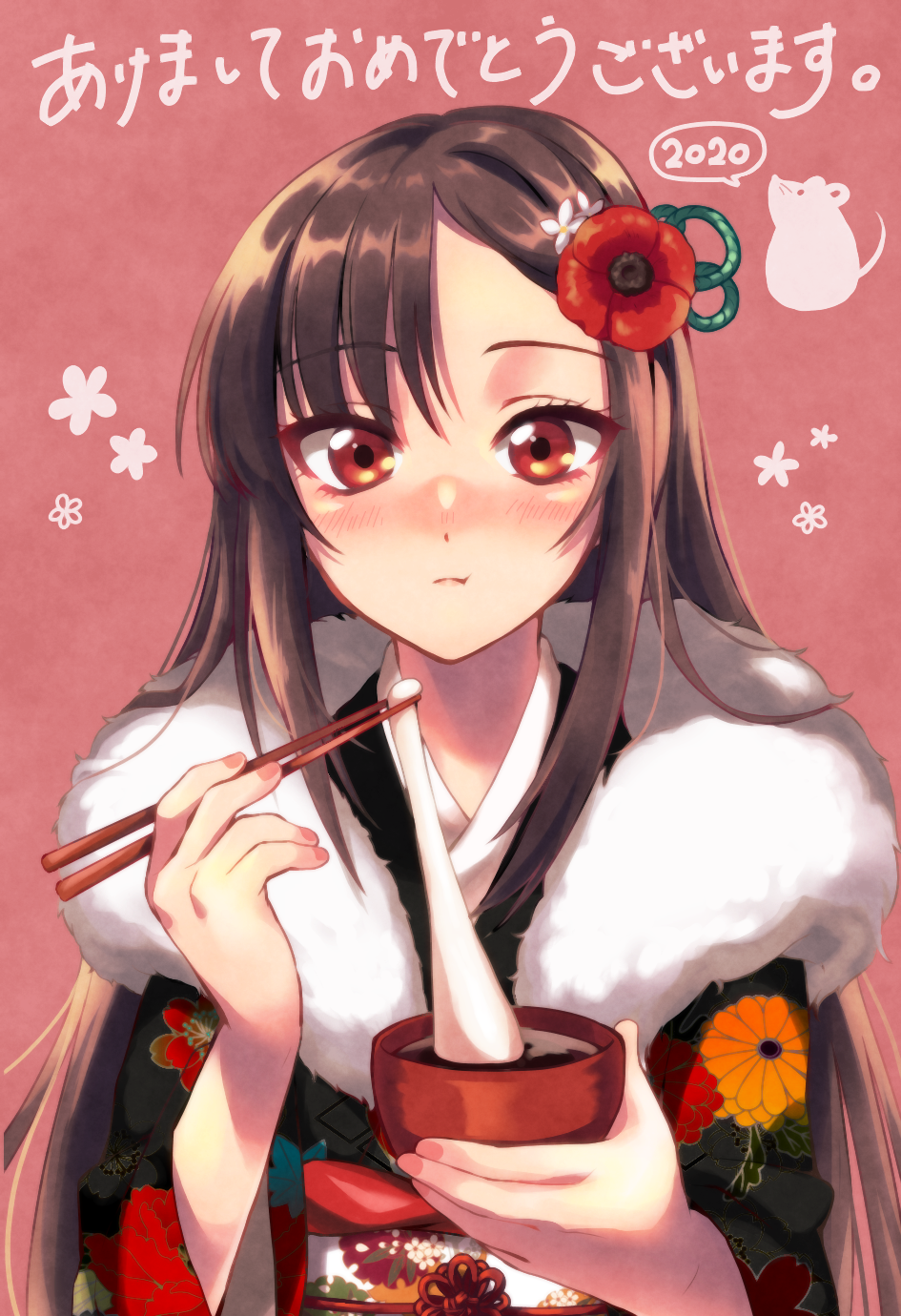 1girl, bangs, blue_kimono, blush, bowl, breasts, brown_hair, chopsticks