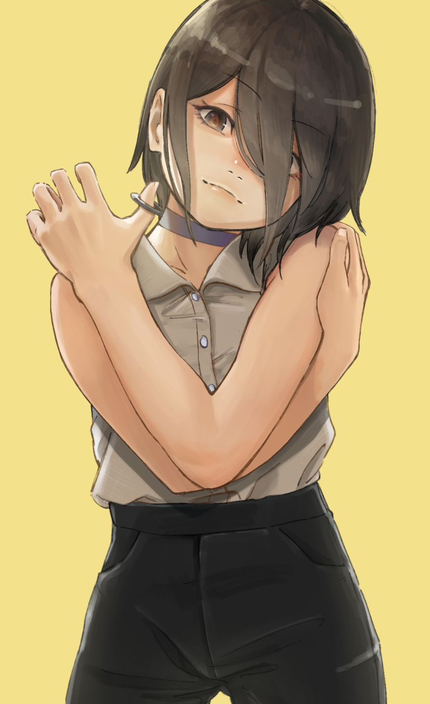 1girl, black_shorts, brown_eyes, brown_hair, chainsaw_man, choker, cowboy_shot, grenade_pin