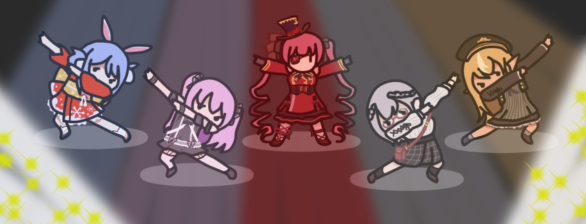 5girls, alternate_costume, animal_ears, arms_up, blonde_hair, blue_hair, breasts, chibi, colored_lights, dab_(dance), dancing, dress, drill_hair, elf, eyepatch, gothic_lolita, grey_dress, grey_hair, hat, hololive, hololive_fantasy, houshou_marine, japanese_clothes, kimono, leaning_to_the_side, lolita_fashion, long_hair, medium_breasts, multiple_girls, plaid, plaid_skirt, pointy_ears, purple_hair, rabbit_ears, red_dress, redhead, sentai, shiranui_flare, shirogane_noel, sidelocks, skirt, sparkle, stage, stage_lights, sweater, thigh-highs, top_hat, twintails, uruha_rushia, usada_pekora, very_long_hair, virtual_youtuber, white_sweater, yuusachii