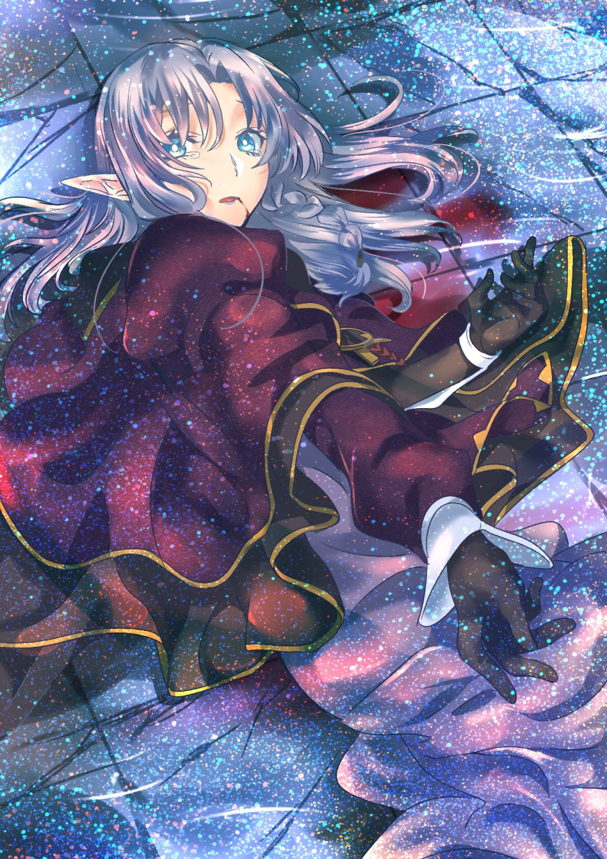 1girl, black_gloves, bleeding, blood, blood_from_mouth, blue_eyes, braid, cape