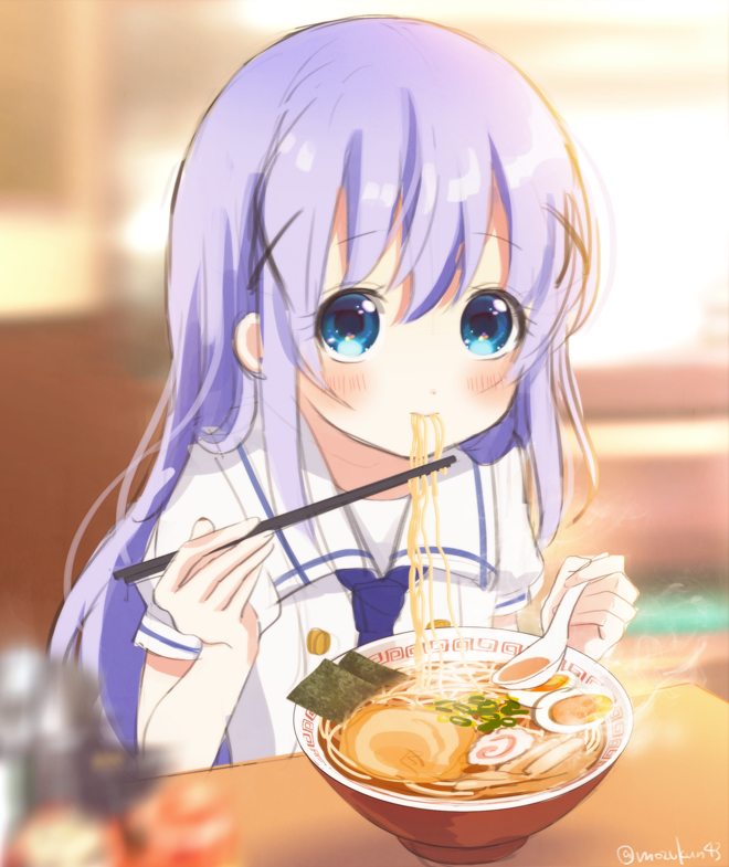 1girl, bangs, blue_eyes, blue_hair, blurry, blurry_background, blush, bowl
