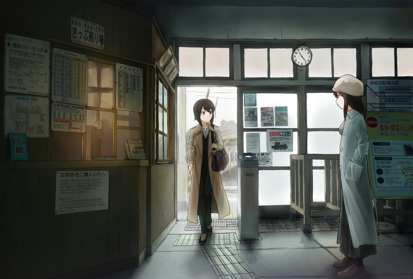 2girls, absurdres, aki_(girls_und_panzer), alternate_headwear, bag, bangs, beret, black_footwear