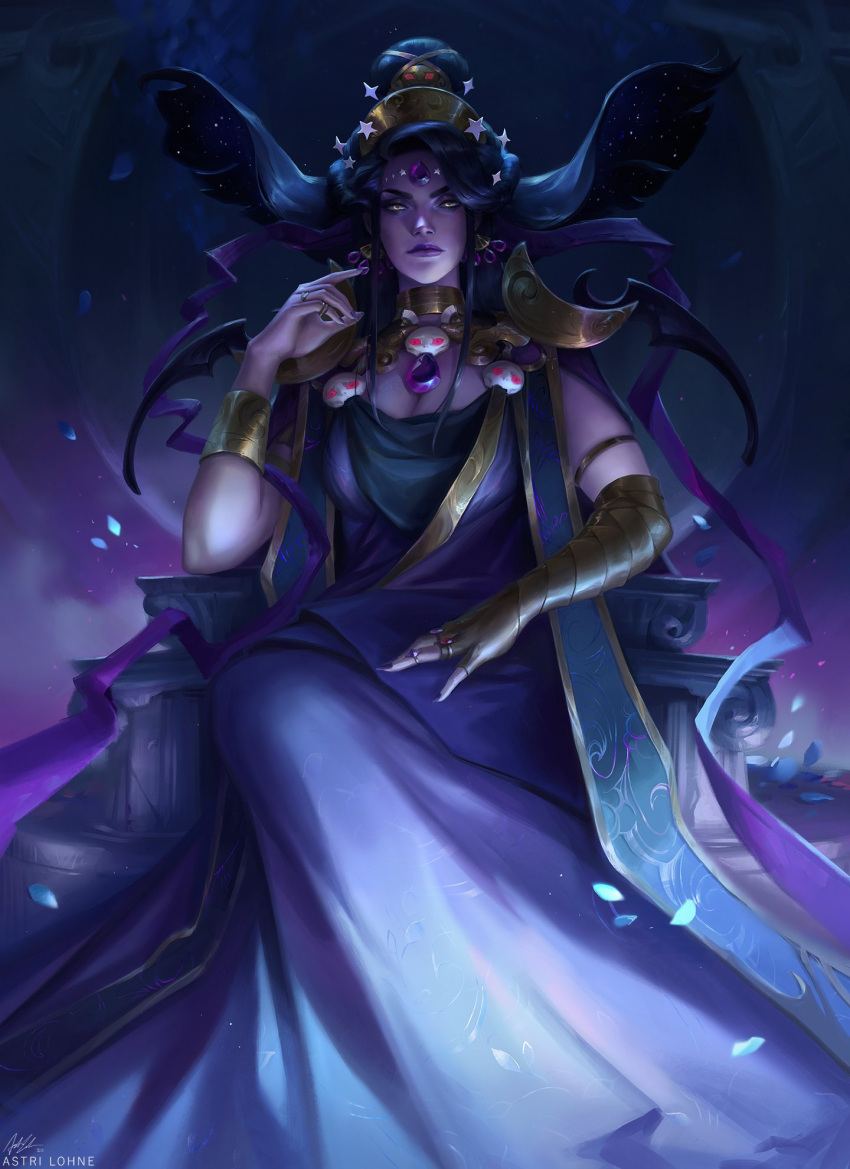 astri_lohne_sjursen, black_hair, crown, dress, earrings, eyeshadow, floating_hair, gem