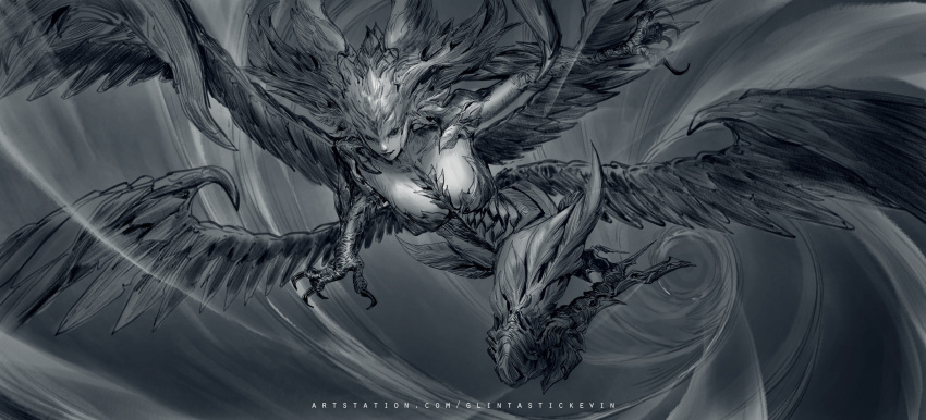 1girl, artist_name, breasts, closed_mouth, feathered_wings, feathers, final_fantasy, final_fantasy_xiv
