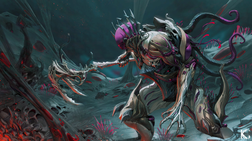 1boy, claws, embers, glintastickevin, highres, holding, holding_scythe, holding_weapon