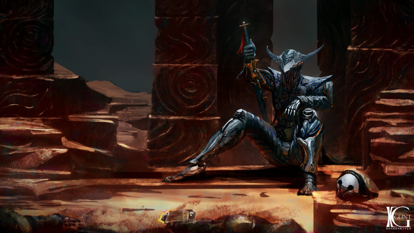 1boy, arm_up, armor, glintastickevin, greaves, helm, helmet, highres, holding, holding_sword, holding_weapon, male_focus, outdoors, patterned, pauldrons, pillar, sand, shoulder_armor, sigina, sitting, solo, sword, warframe, weapon