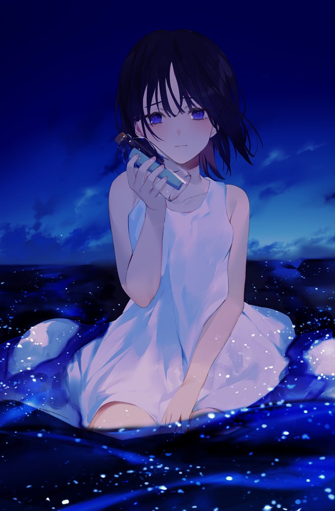 1girl, achiki, bare_shoulders, between_legs, black_hair, blue_eyes, blush, bottle, breasts, closed_mouth, clouds, collarbone, commentary_request, dress, eyebrows_behind_hair, hair_between_eyes, hand_between_legs, holding, holding_bottle, message_in_a_bottle, night, night_sky, original, partially_submerged, short_hair, sitting, sky, small_breasts, solo, tearing_up, water, white_dress